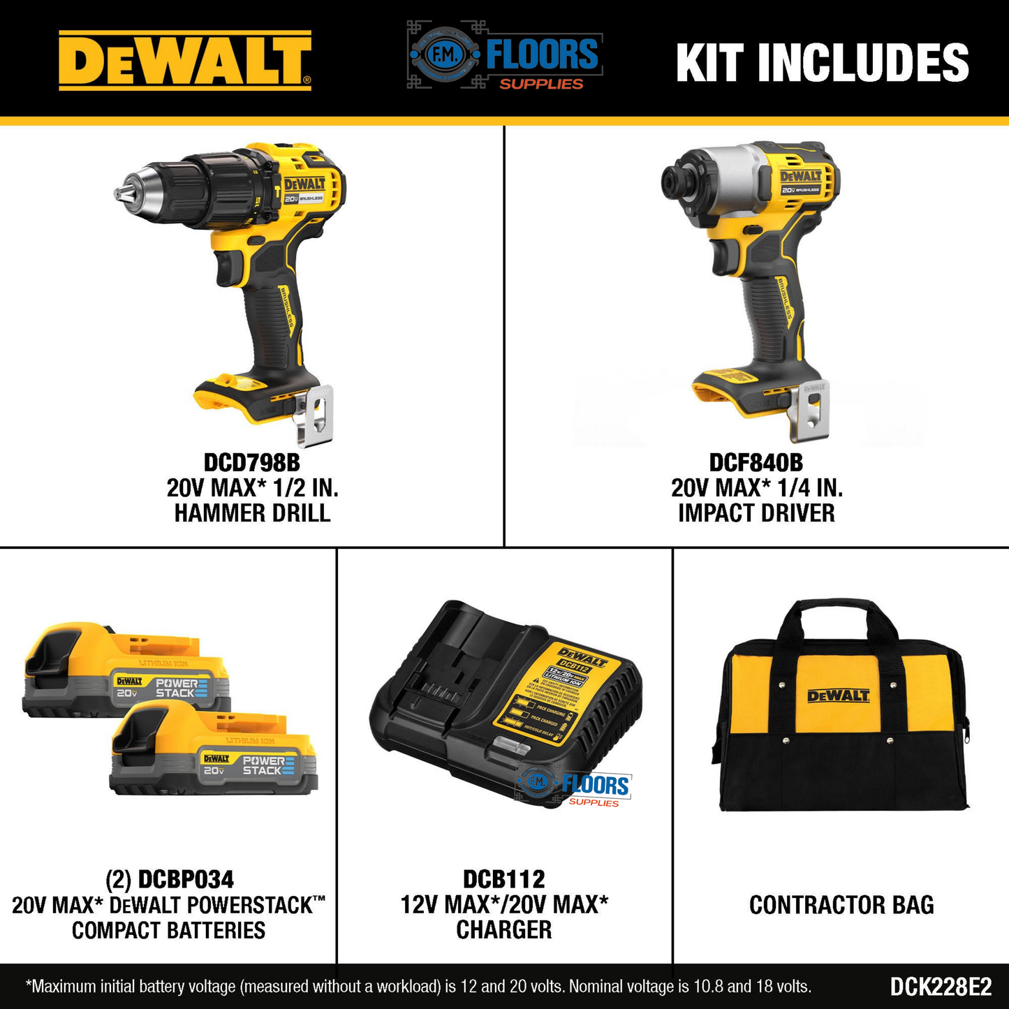 DEWALT DCK228E2 20V MAX 2 Brushless Drill Tool HD Combo Kit